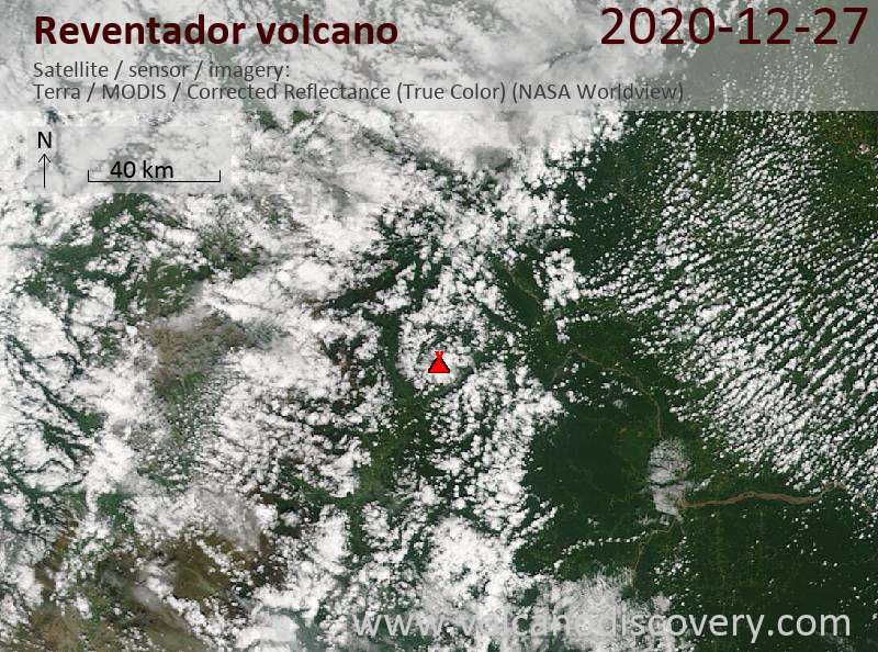 Satellite image of Reventador volcano on 27 Dec 2020