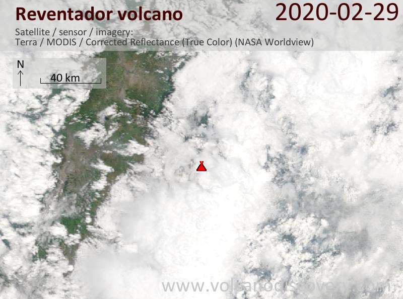 Satellite image of Reventador volcano on 29 Feb 2020