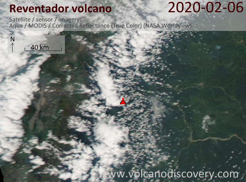 Satellite image of Reventador volcano on  6 Feb 2020