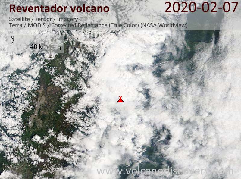 Satellite image of Reventador volcano on  7 Feb 2020