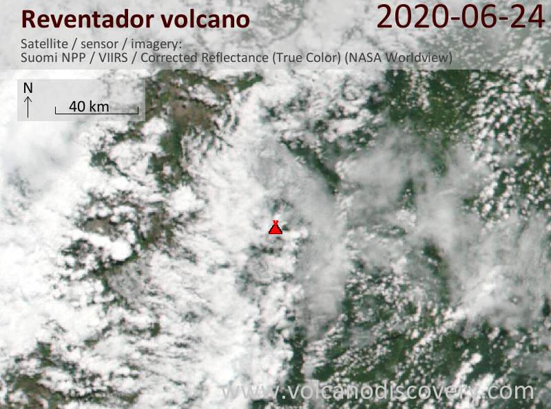 Satellite image of Reventador volcano on 24 Jun 2020