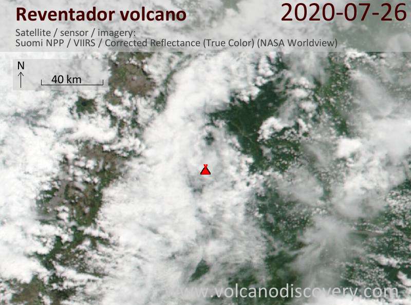 Satellite image of Reventador volcano on 26 Jul 2020