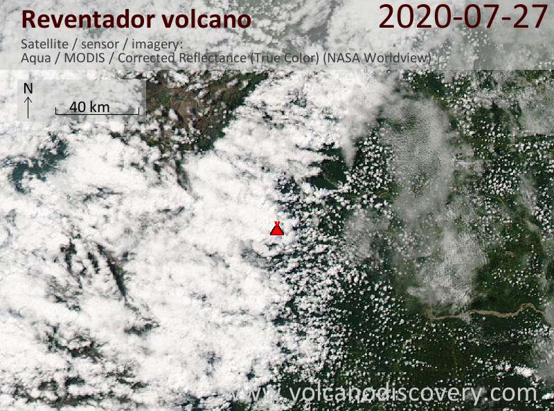 Satellite image of Reventador volcano on 28 Jul 2020