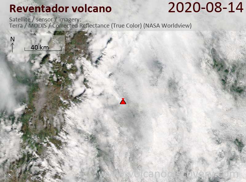 Satellite image of Reventador volcano on 14 Aug 2020