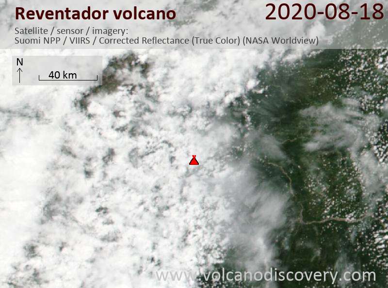 Satellite image of Reventador volcano on 18 Aug 2020
