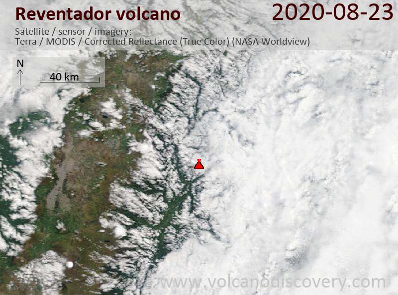 Satellite image of Reventador volcano on 23 Aug 2020