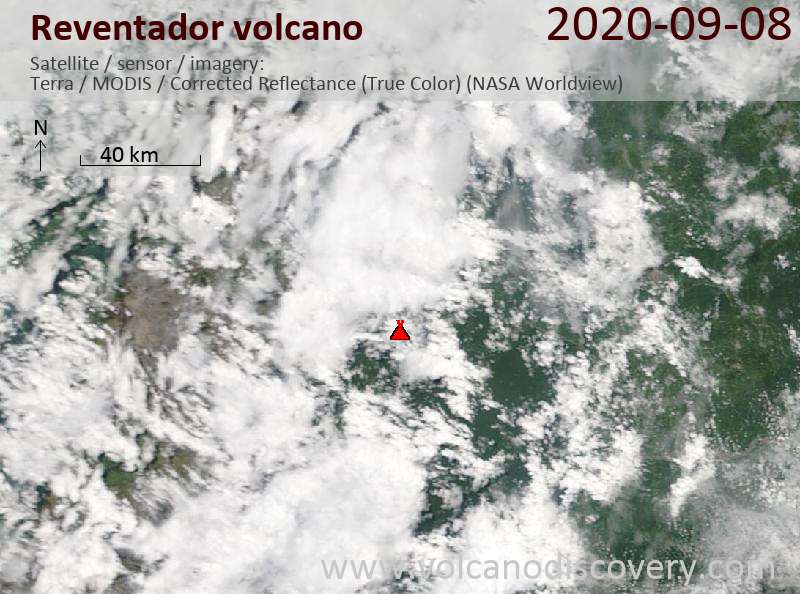 Satellite image of Reventador volcano on  8 Sep 2020