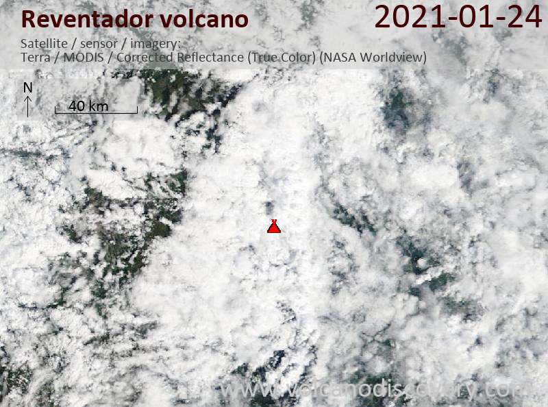 Satellite image of Reventador volcano on 24 Jan 2021