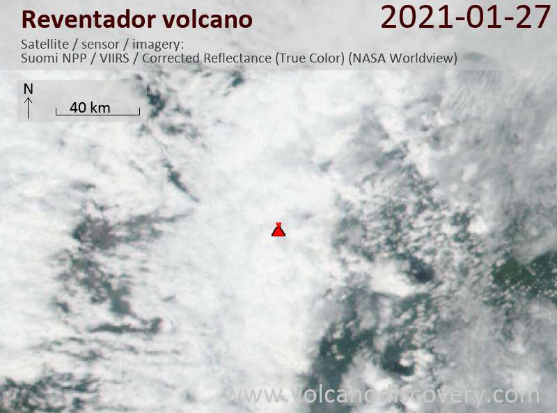 Satellite image of Reventador volcano on 27 Jan 2021