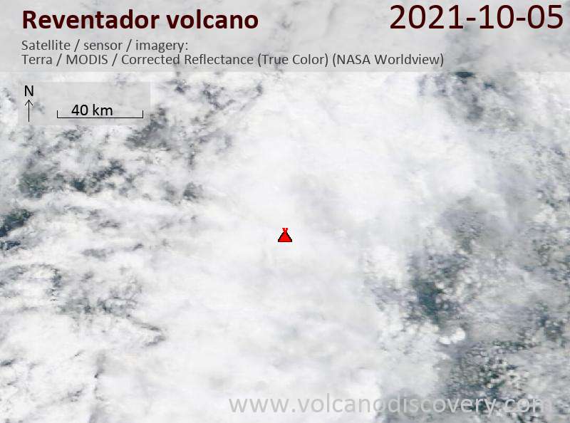 Satellitenbild des Reventador Vulkans am  6 Oct 2021