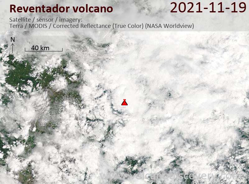 Satellite image of Reventador volcano on 20 Nov 2021