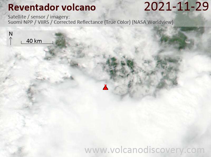 Satellite image of Reventador volcano on 29 Nov 2021