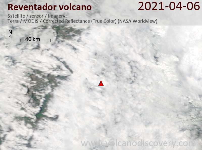 Satellite image of Reventador volcano on  6 Apr 2021