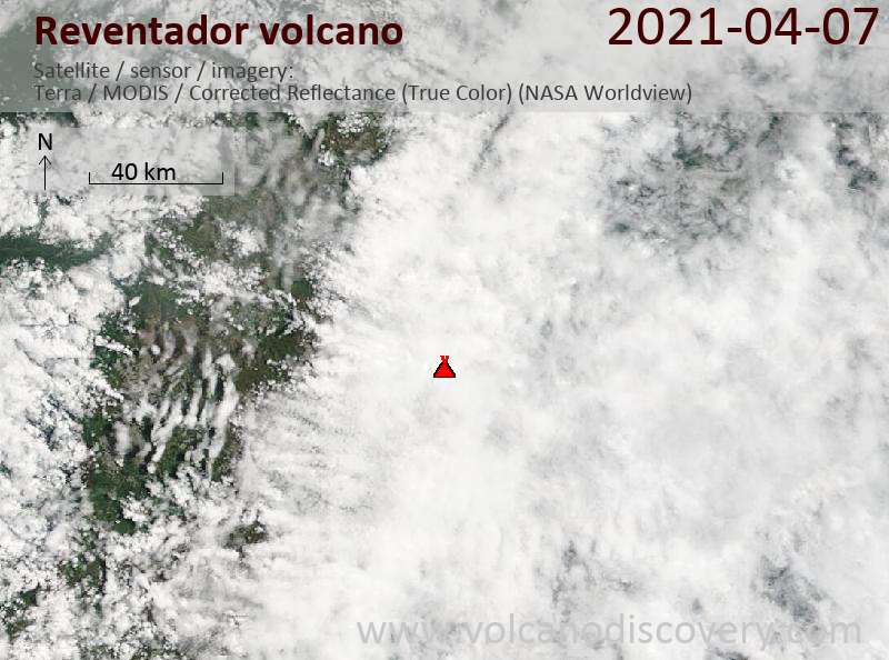 Satellite image of Reventador volcano on  7 Apr 2021