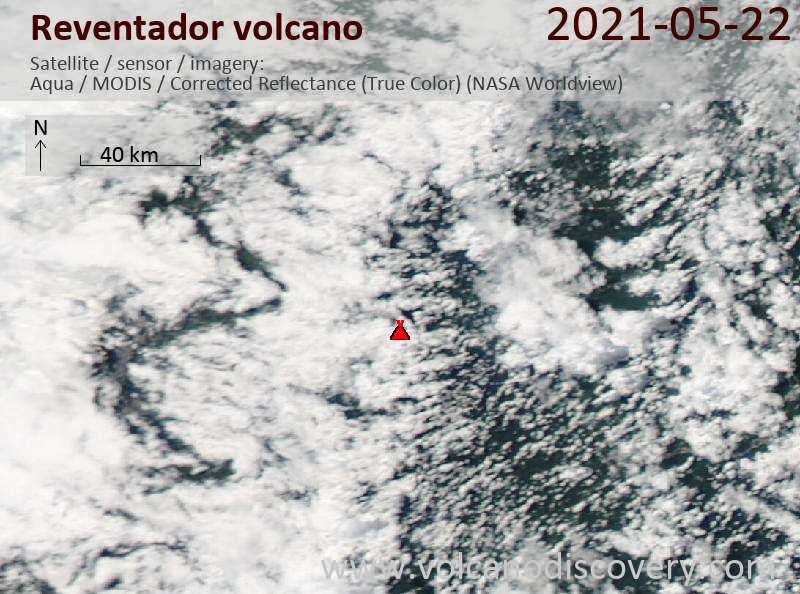 Satellite image of Reventador volcano on 23 May 2021