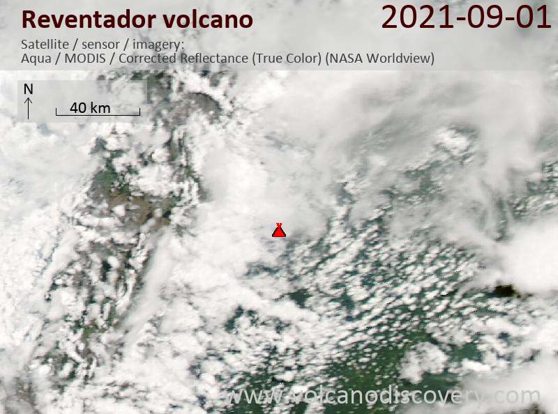 Satellite image of Reventador volcano on  2 Sep 2021