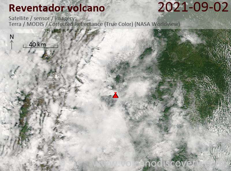 Satellite image of Reventador volcano on  3 Sep 2021