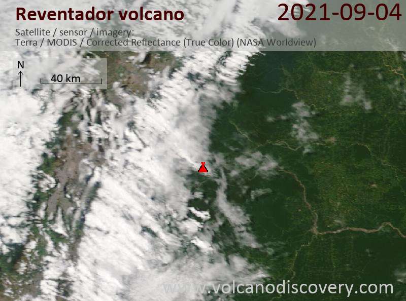 Satellite image of Reventador volcano on  5 Sep 2021