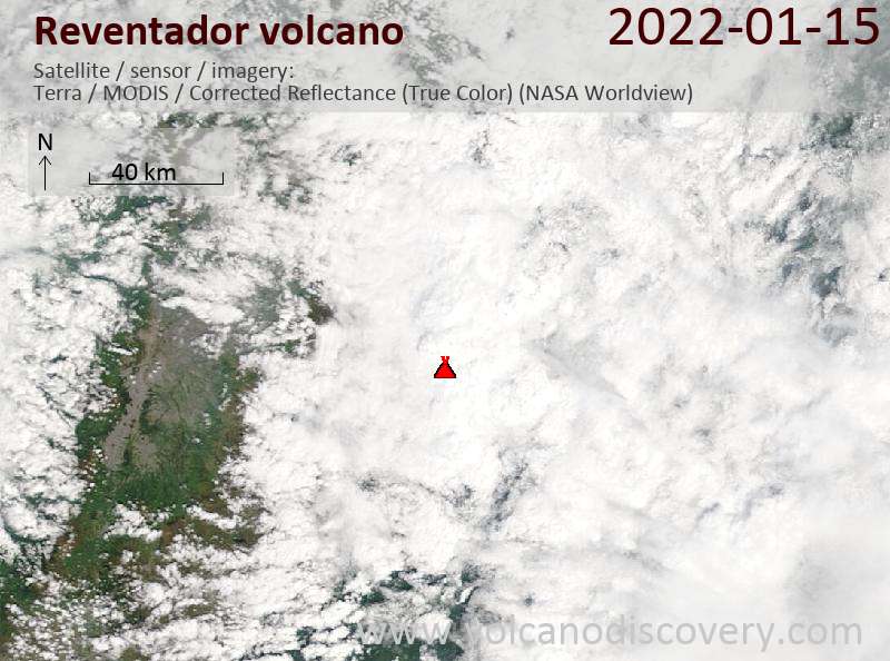 Satellite image of Reventador volcano on 16 Jan 2022
