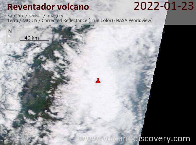 Satellite image of Reventador volcano on 23 Jan 2022