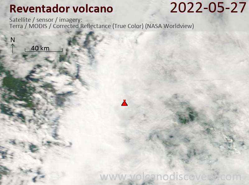 Satellite image of Reventador volcano on 27 May 2022