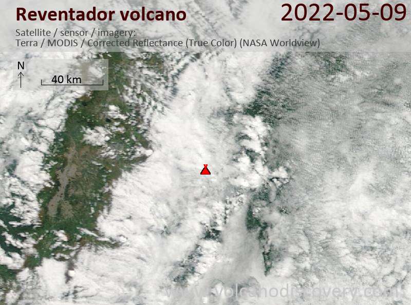 Satellite image of Reventador volcano on  9 May 2022