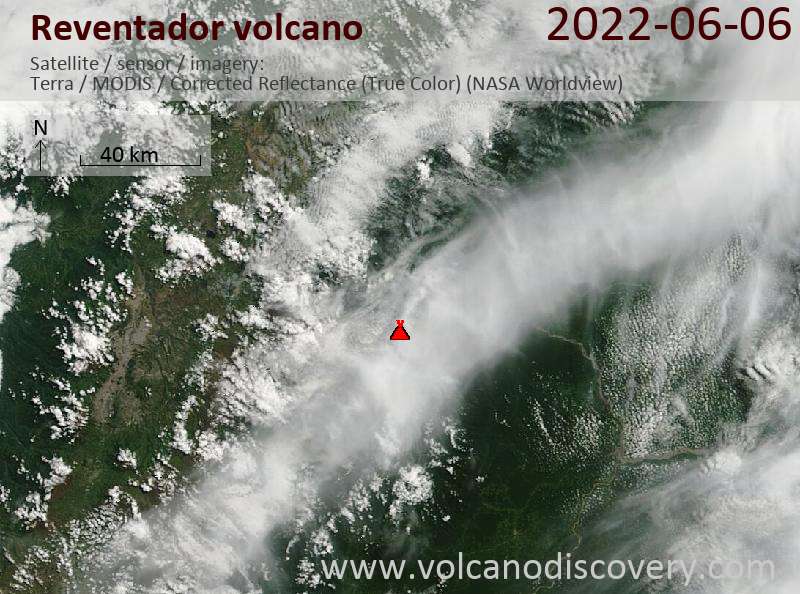 Satellite image of Reventador volcano on  6 Jun 2022