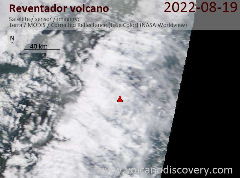 Satellite image of Reventador volcano on 20 Aug 2022
