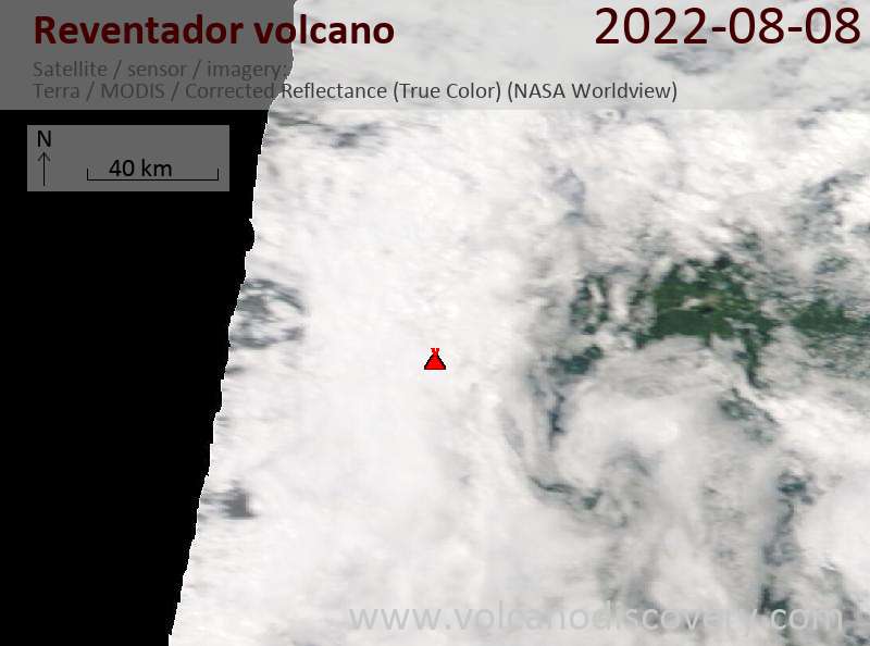 Satellite image of Reventador volcano on  8 Aug 2022