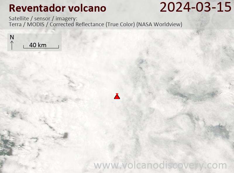Immagine satellitare del vulcano Reventador il 15 marzo 2024