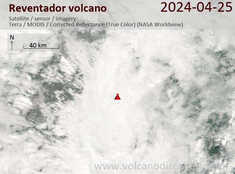 Satellite image of Reventador volcano on 25 Apr 2024