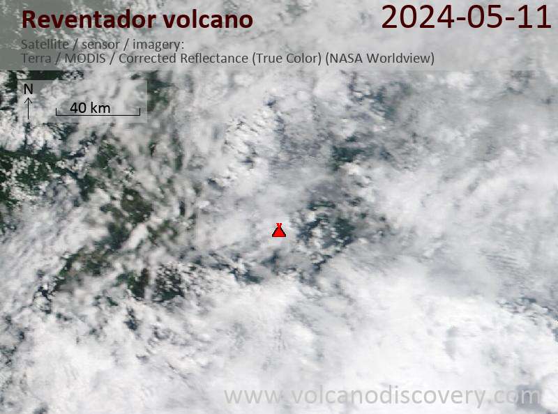 Satellitenbild des Reventador Vulkans am 11 May 2024
