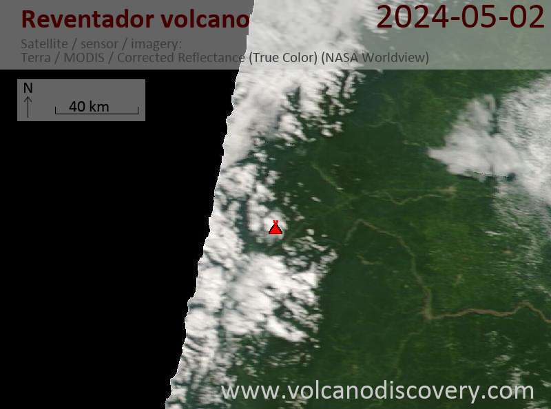 Satellite image of Reventador volcano on  2 May 2024
