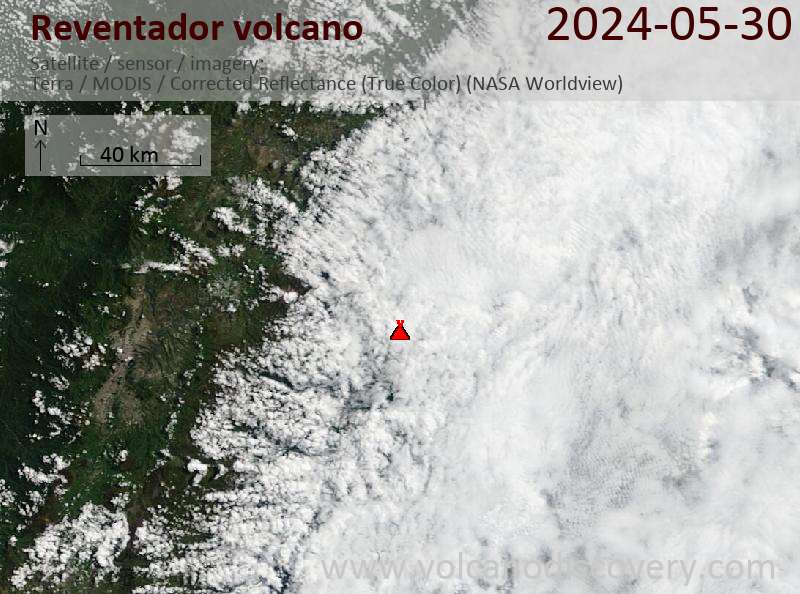 Satellitenbild des Reventador Vulkans am 30 May 2024