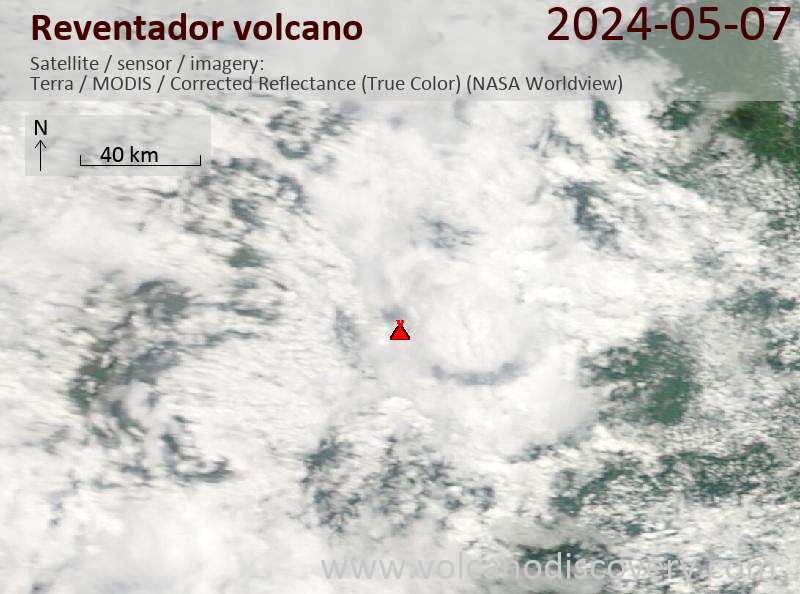 Satellite image of Reventador volcano on  7 May 2024