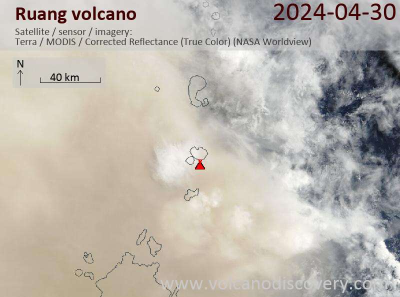 Satellitenbild des Ruang Vulkans am 30 Apr 2024