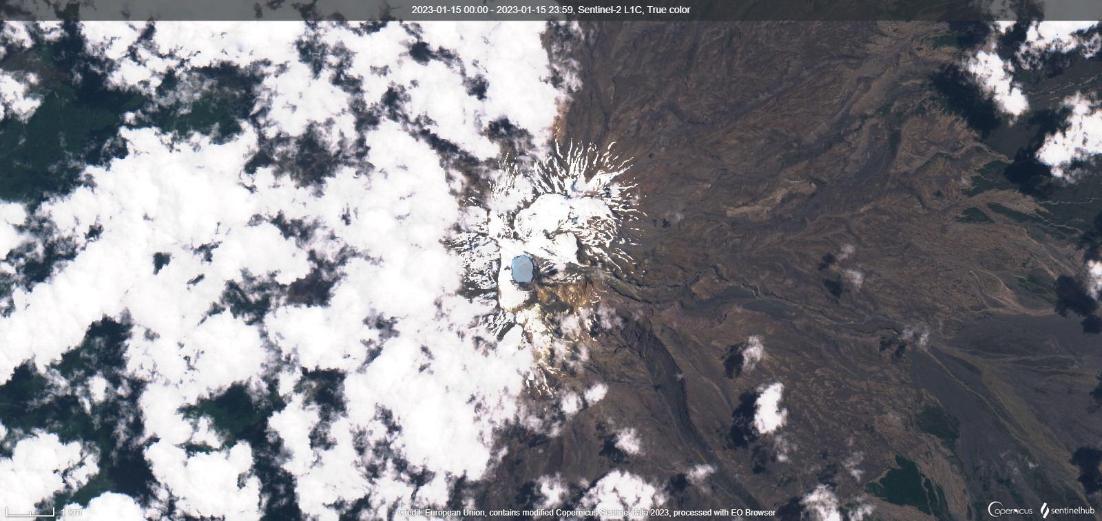 True-color composite of Ruapehu volcano as seen from satellite on 17 Jan (image: Sentinel 2)