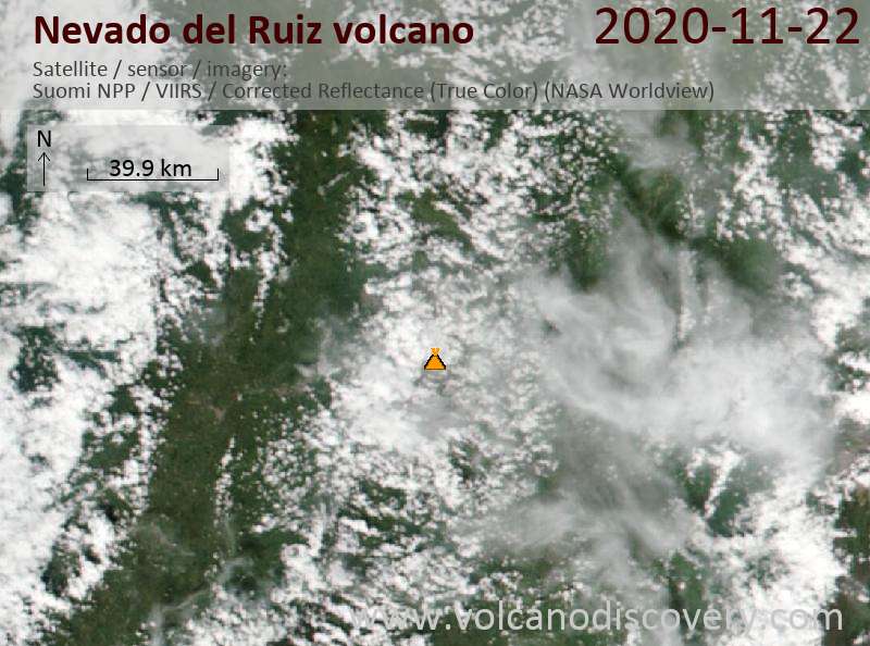 Satellite image of Nevado del Ruiz volcano on 22 Nov 2020