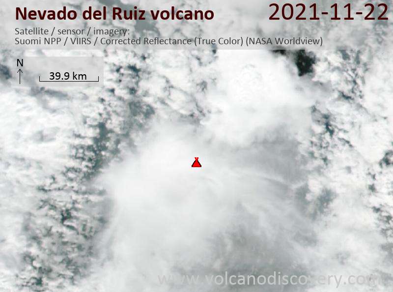 Satellite image of Nevado del Ruiz volcano on 23 Nov 2021