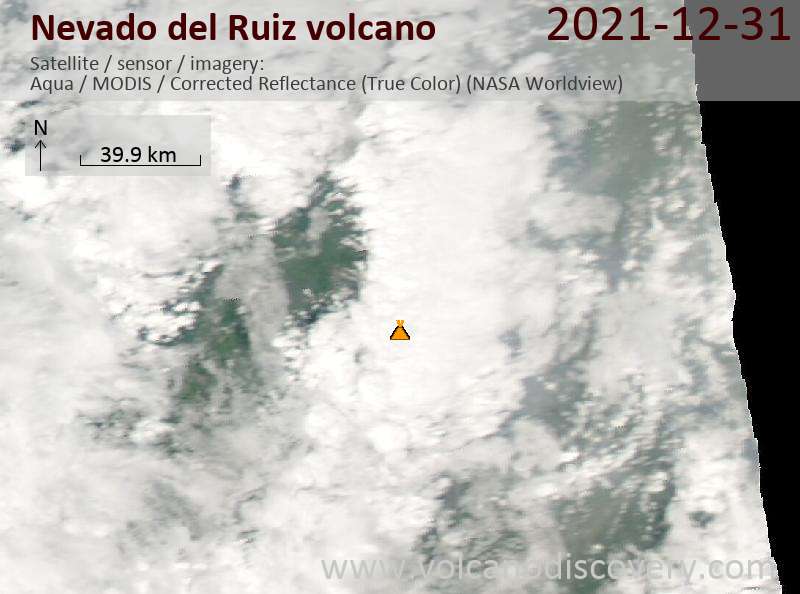 Satellite image of Nevado del Ruiz volcano on 31 Dec 2021