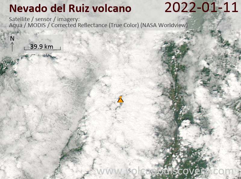 Satellitenbild des Nevado del Ruiz Vulkans am 12 Jan 2022