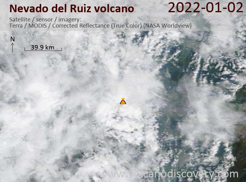 Satellite image of Nevado del Ruiz volcano on  2 Jan 2022