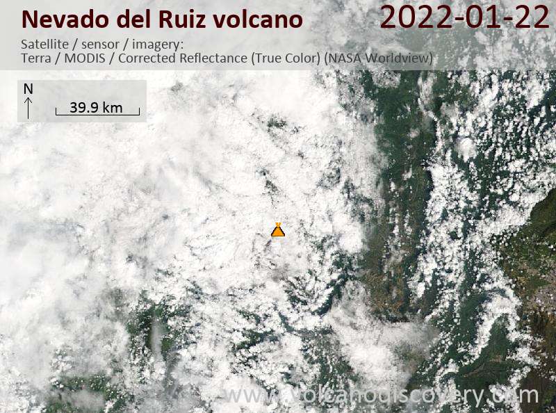 Satellite image of Nevado del Ruiz volcano on 22 Jan 2022