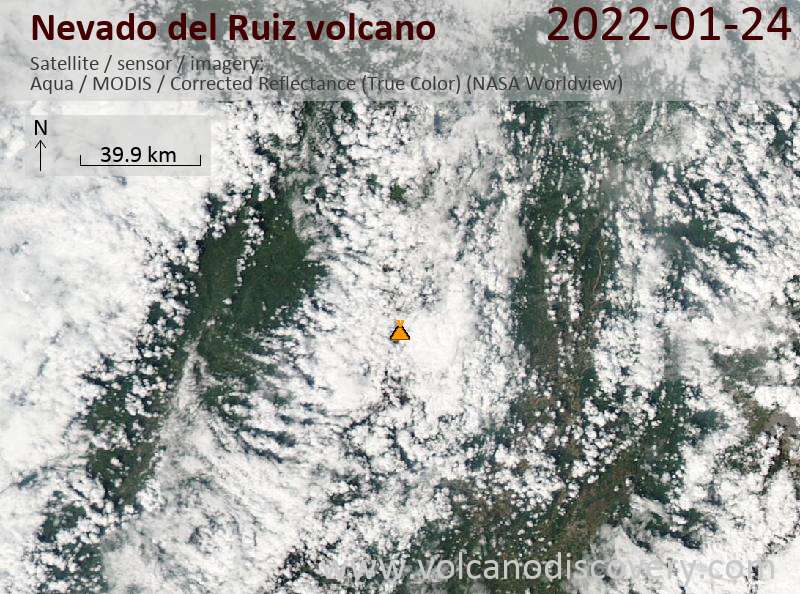 Satellite image of Nevado del Ruiz volcano on 24 Jan 2022
