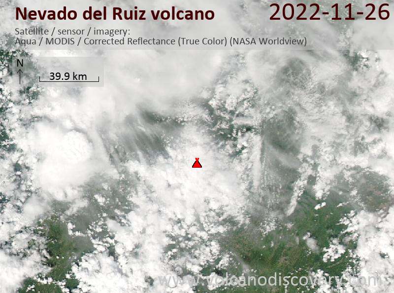 Satellitenbild des Nevado del Ruiz Vulkans am 27 Nov 2022