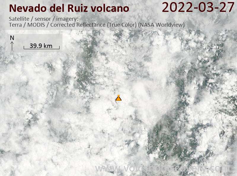 Satellite image of Nevado del Ruiz volcano on 27 Mar 2022