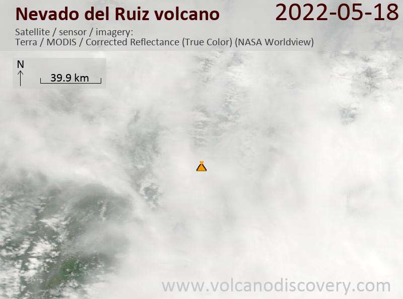 Satellite image of Nevado del Ruiz volcano on 18 May 2022