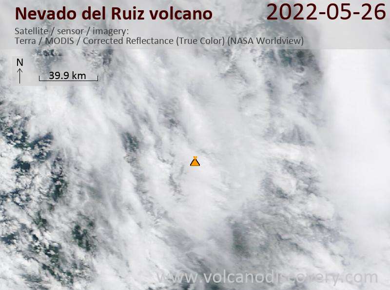 Satellite image of Nevado del Ruiz volcano on 26 May 2022