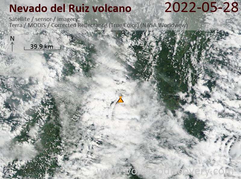 Satellite image of Nevado del Ruiz volcano on 28 May 2022