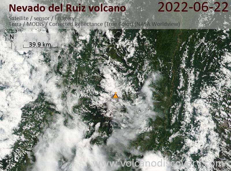 Спутниковое изображение вулкана Nevado del Ruiz 22 Jun 2022